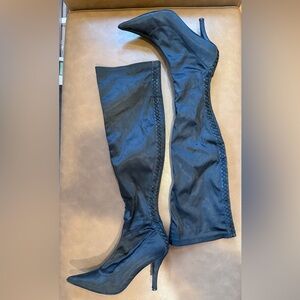 Karen Millen Black Satin Over-the-Knee Pointed Boots – Size 38